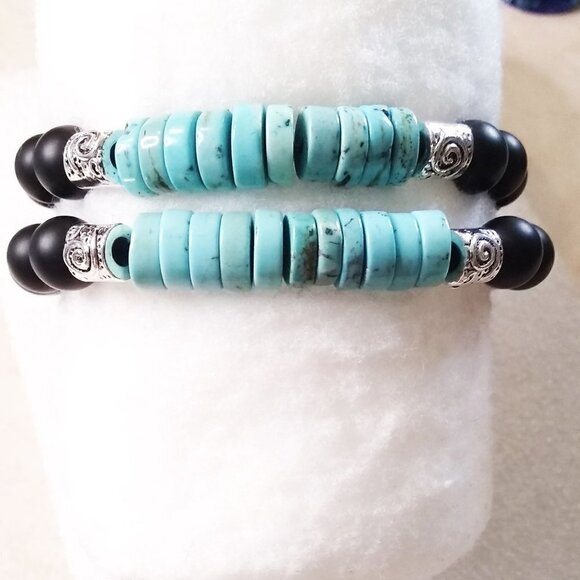 Minimalist! Turquoise Howlite Heishi Beads + Black Stone Beads! Coastal Cowgirl - Picture 3 of 9
